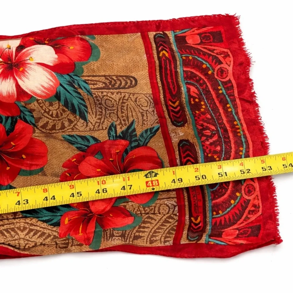 Oscar de la Renta Silk Scarf Vintage Red Gold Floral Paisley Oblong 53” Luxury - Picture 8 of 10
